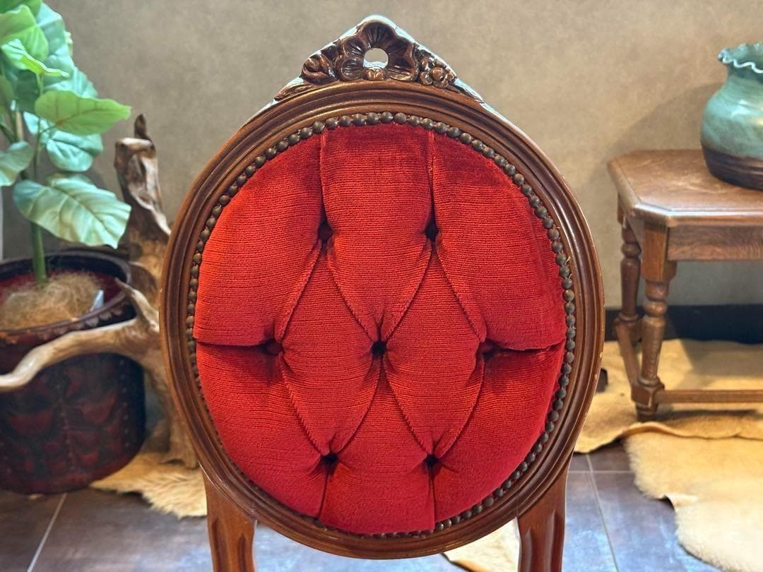 希少　猫脚　クラシック　アンティークチェア　木彫り　レッドボタンダウン　SZ