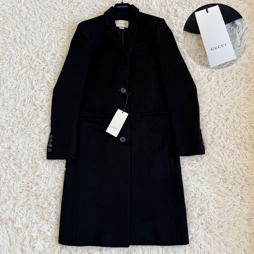 新品タグ付　グッチ　チェスターコート　ブラック　Lサイズ　ロゴボタン