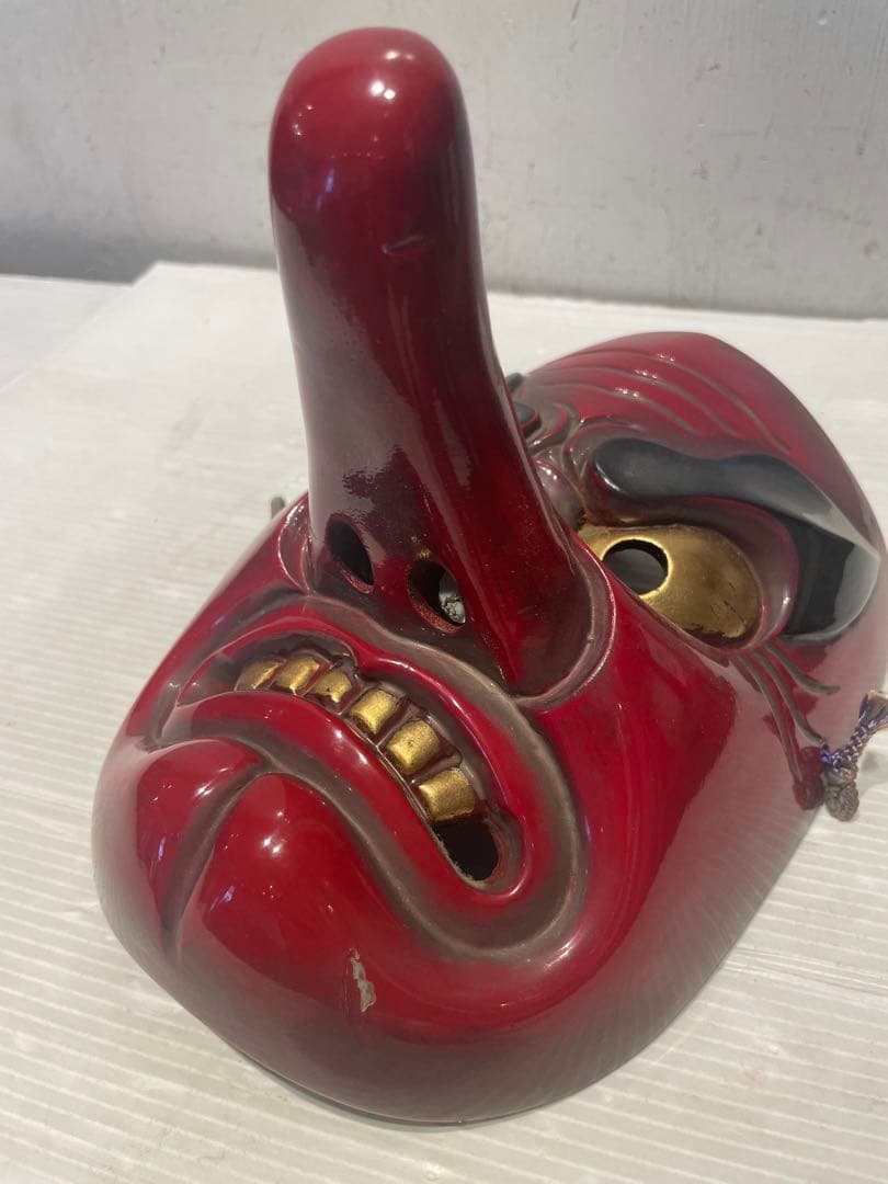 天狗 お面 壁掛け　木彫　時代　木彫り　小天狗　清巴　魔除け　縁起物　鬼面