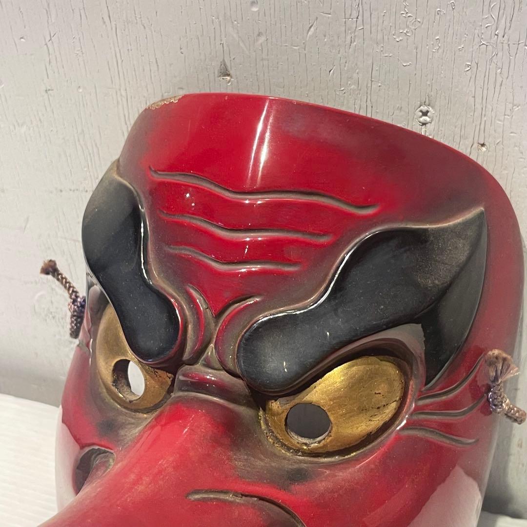 天狗 お面 壁掛け　木彫　時代　木彫り　小天狗　清巴　魔除け　縁起物　鬼面
