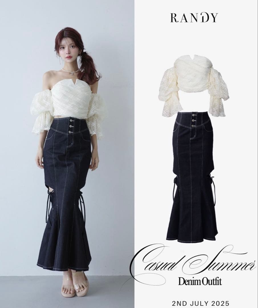 randy オフショル チェックチュールトップス ホワイト