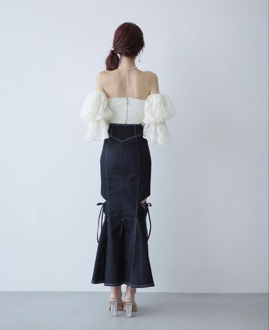 randy オフショル チェックチュールトップス ホワイト