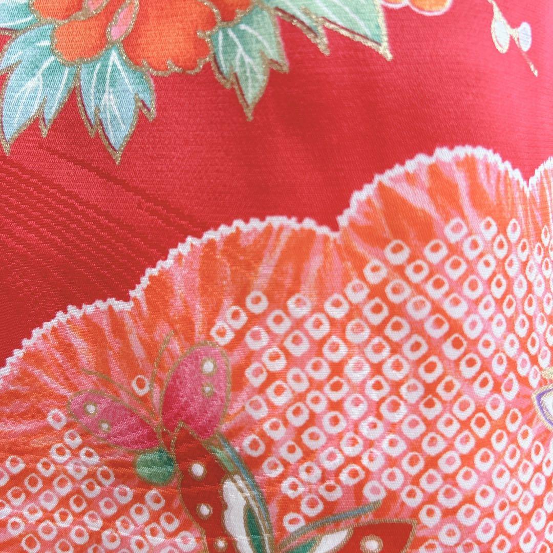 超美品　七五三３歳フルセット　ピンク×赤被布着物長襦袢草履巾着　蝶ききょう　化繊