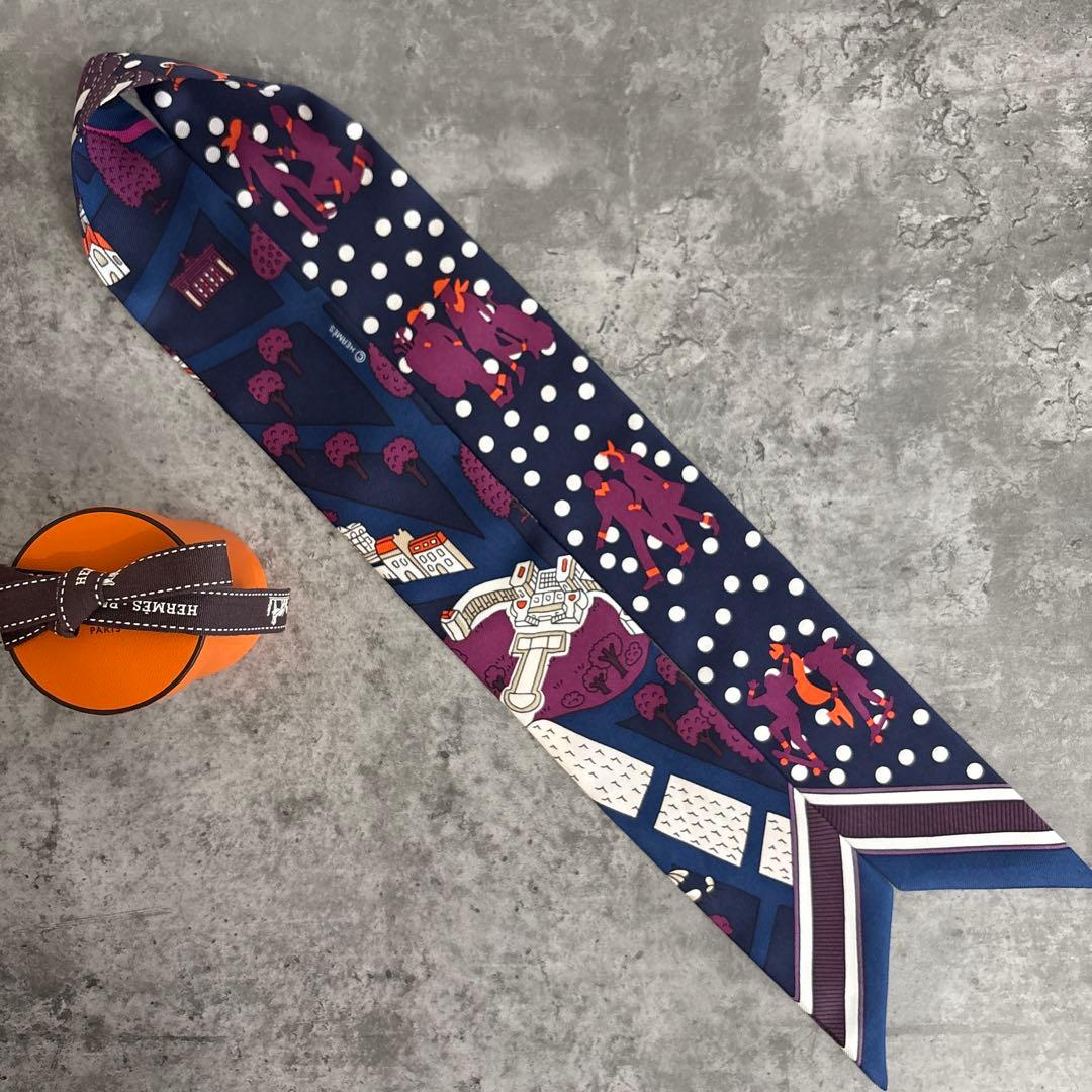 エルメス　ツイリー　新パリの恋人たち　ネイビー