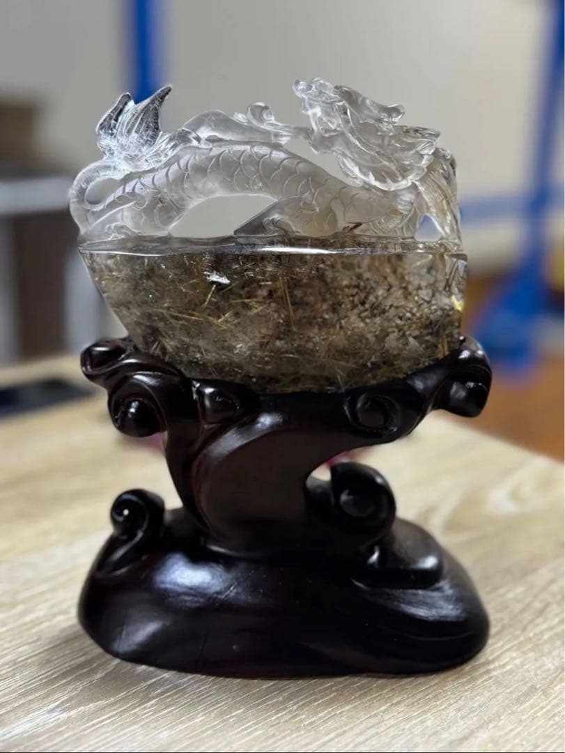 【高品質】ゴールドルチル 龍彫刻 原石置物 台座付