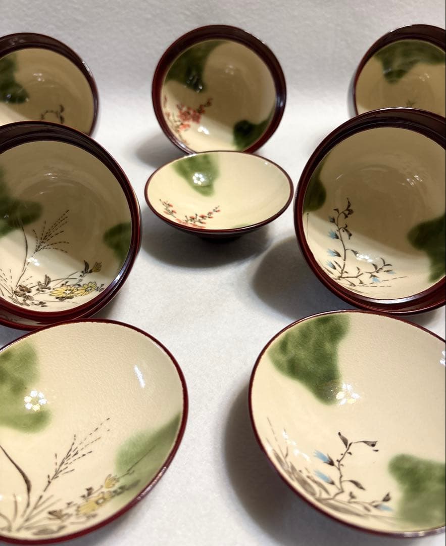 庫山窯 陶胎漆器 蓋付き煮物碗 五客 前畑陶器 和食器 懐石料理 絵変わり