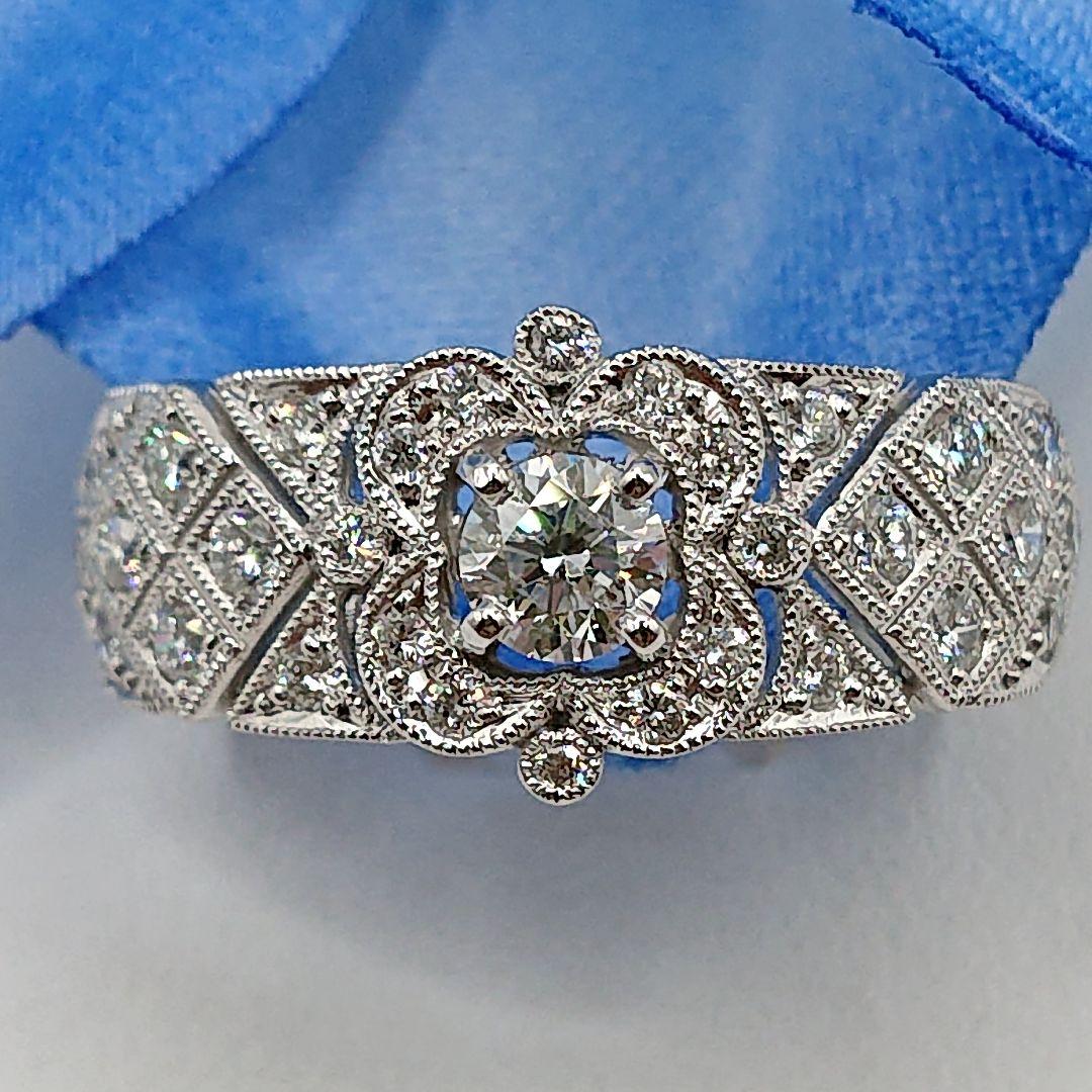 アンティーク風フラワーデザイン 天然ダイヤモンドリング Pt950