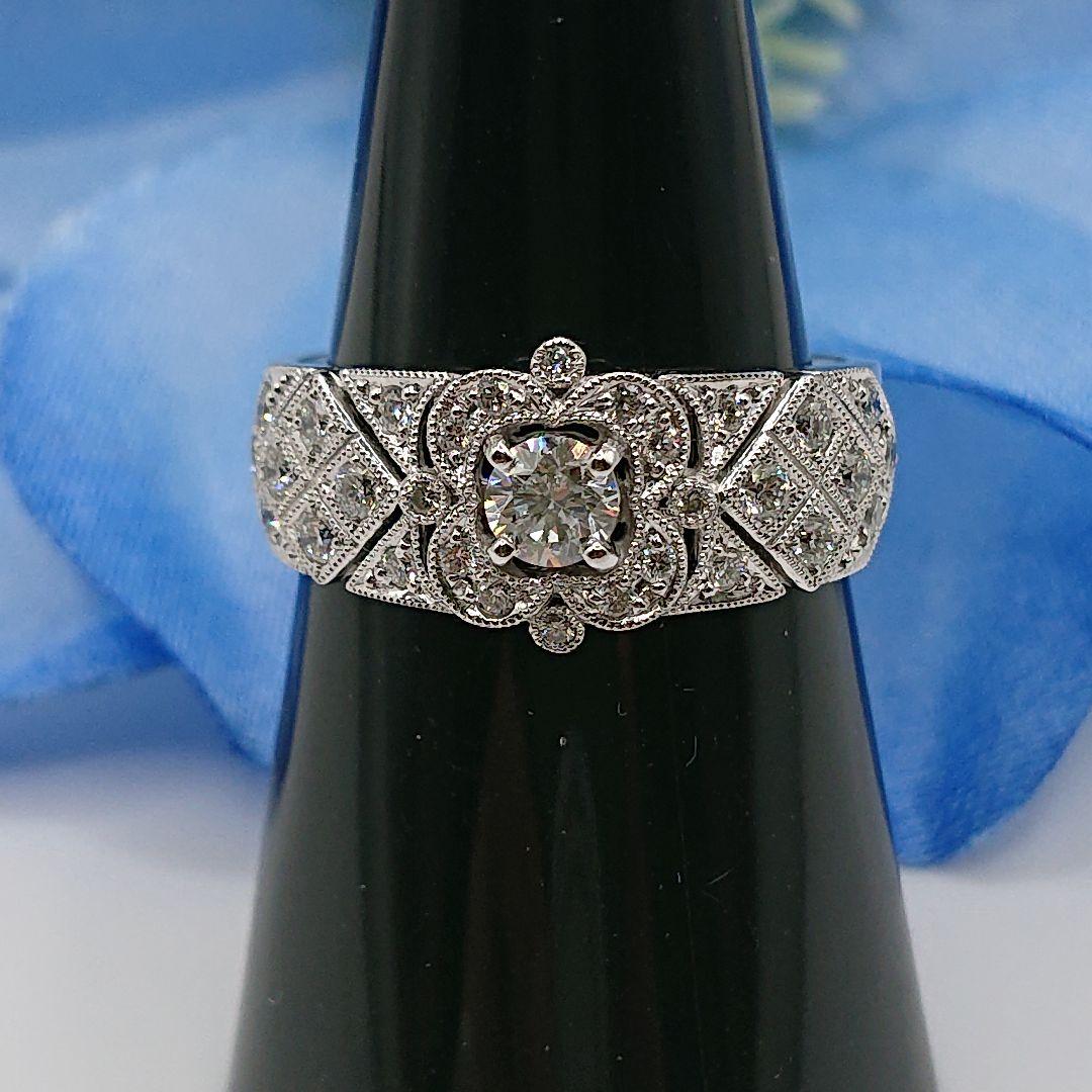 アンティーク風フラワーデザイン 天然ダイヤモンドリング Pt950