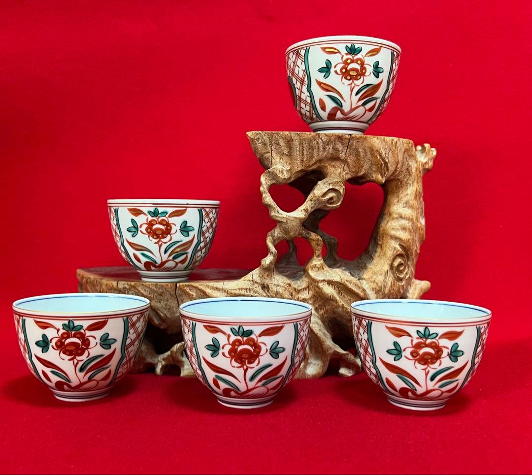 京焼 清水焼 薄胎 赤絵貼金 汲出碗揃五客 陵泉造　茶道具