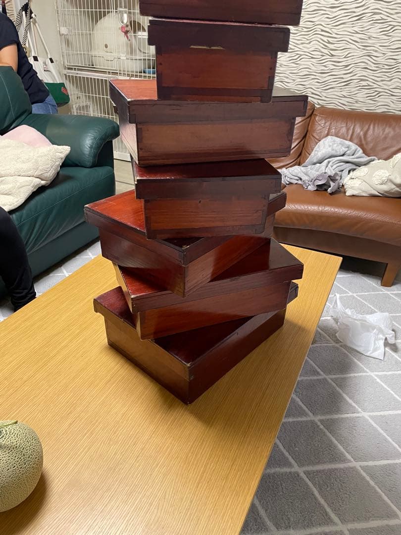 漆塗り　入れ子　7段　木箱　7個組　昭和レトロ　アンティーク　蓋付　ヴィンテージ