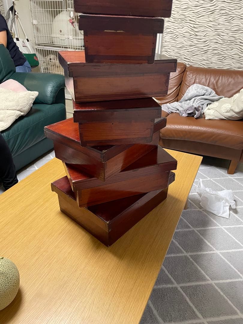 漆塗り　入れ子　7段　木箱　7個組　昭和レトロ　アンティーク　蓋付　ヴィンテージ