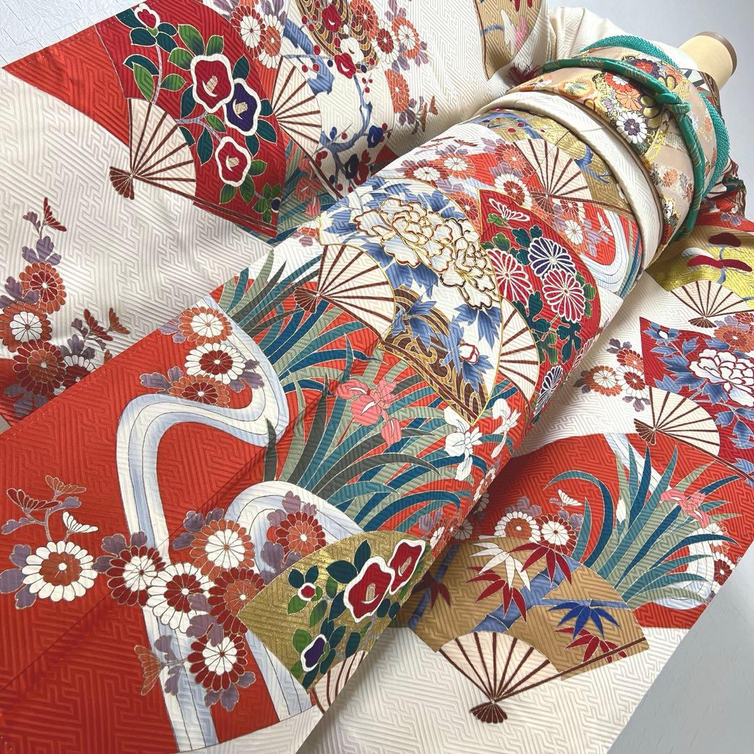 472 振袖フルセット 正絹 クリーム オフホワイト 赤 金彩 駒刺繍