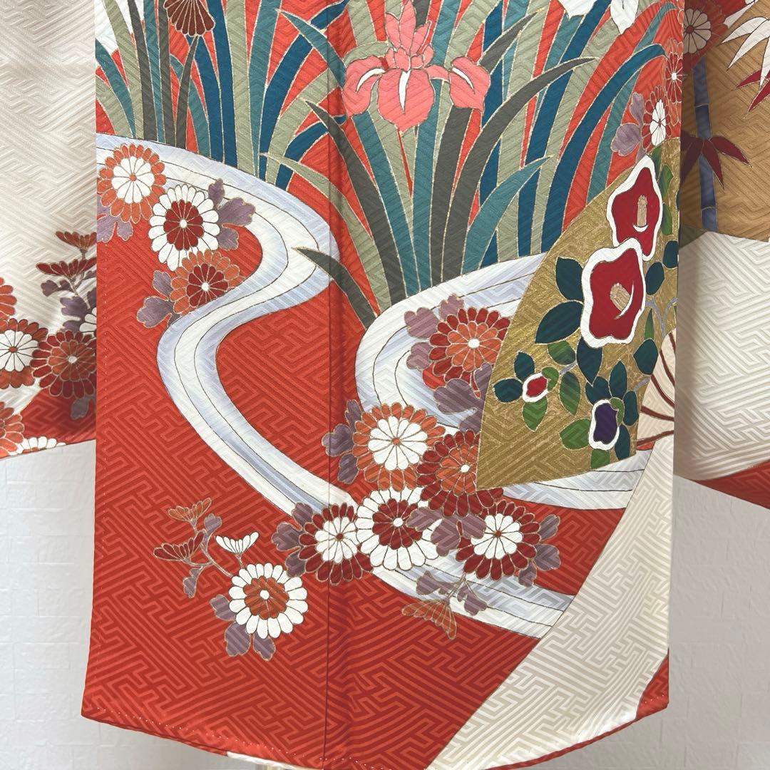 472 振袖フルセット 正絹 クリーム オフホワイト 赤 金彩 駒刺繍