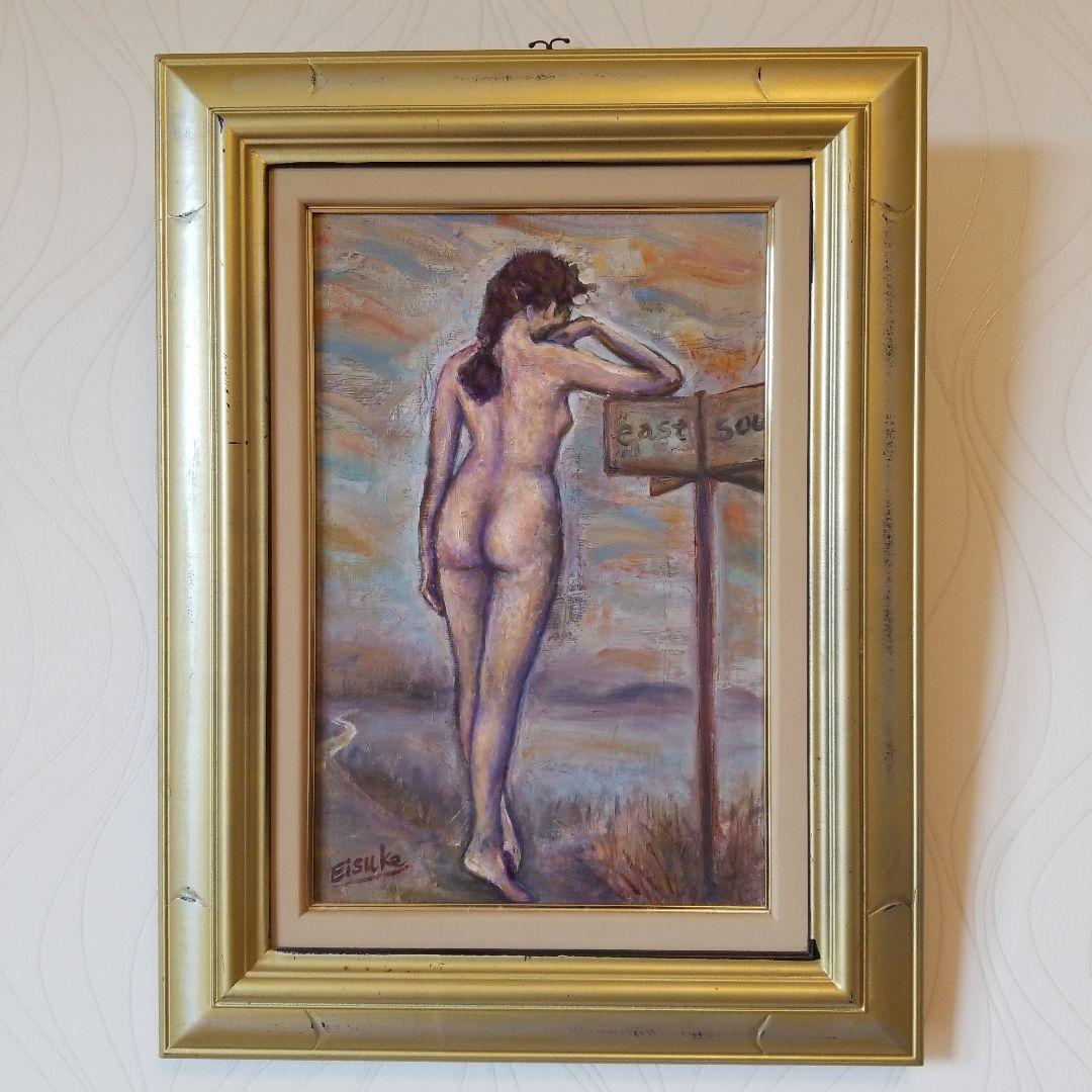 油絵　絵画　題名《岐路》道しるべ　裸婦　P 6 サイズ　2000年製作