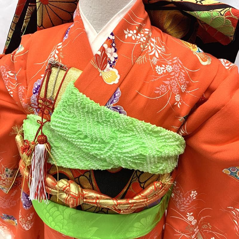 503ag94■七五三 七歳 女児 着物&袋帯 蝶 金彩 朱色■美品