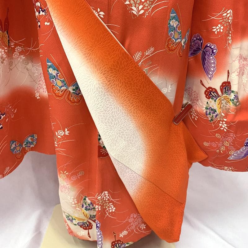 503ag94■七五三 七歳 女児 着物&袋帯 蝶 金彩 朱色■美品