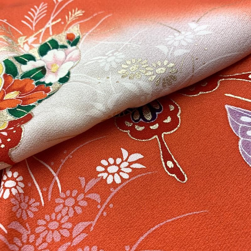 503ag94■七五三 七歳 女児 着物&袋帯 蝶 金彩 朱色■美品