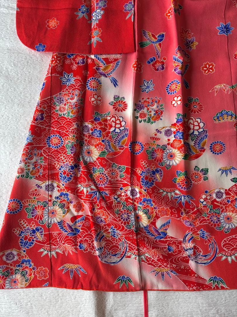 七五三に★逸品　正絹紅型小鳥と吉祥文　七歳着物、帯のセット
