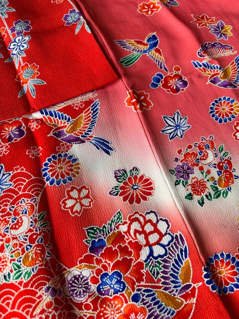 七五三に★逸品　正絹紅型小鳥と吉祥文　七歳着物、帯のセット