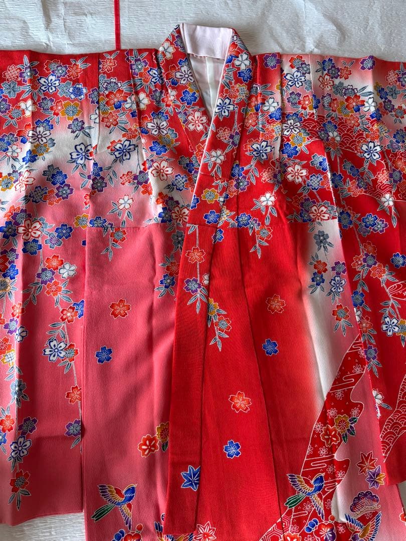 七五三に★逸品　正絹紅型小鳥と吉祥文　七歳着物、帯のセット