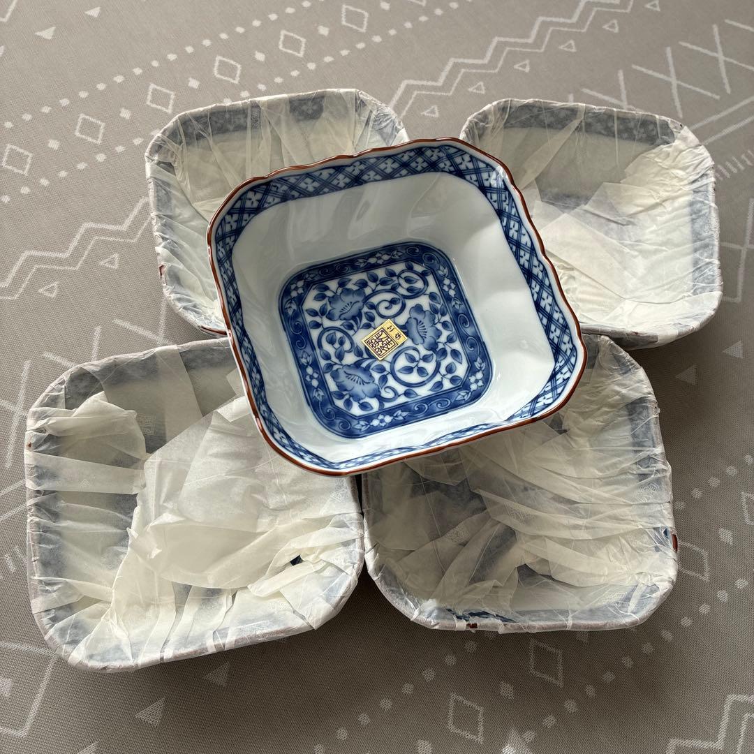 三洋陶器　龍峰窯　ネジリ祥瑞　染付　小鉢揃　 5客　角鉢　煮物鉢　和食器　中鉢