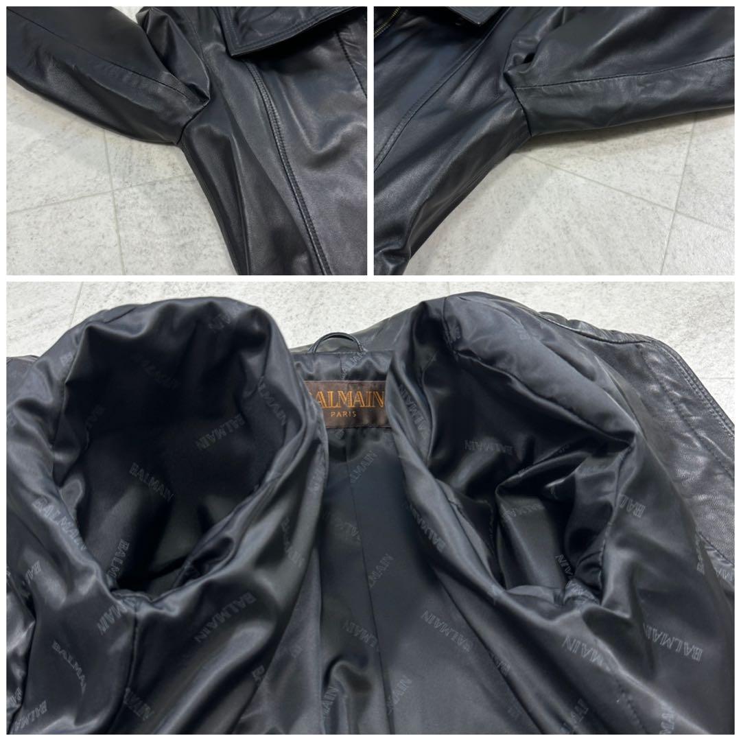 美品【BALMAIN】ラムレザー ロングコート スタンドカラー ブラック S