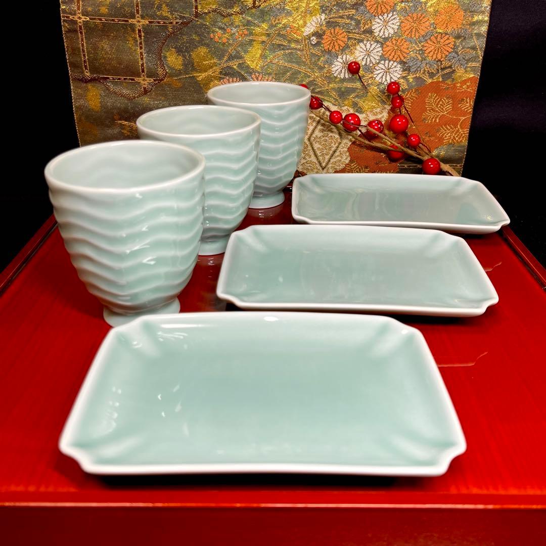 【mana】深川製磁 青磁 陽刻フリーカップ 長角小皿 セット 他おまとめ