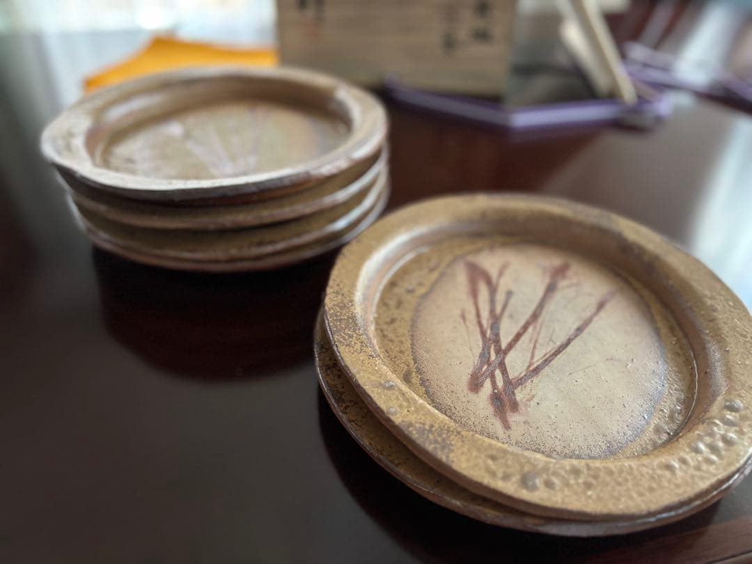 備前焼 丸皿6客揃 稲荷作 共箱・銘あり