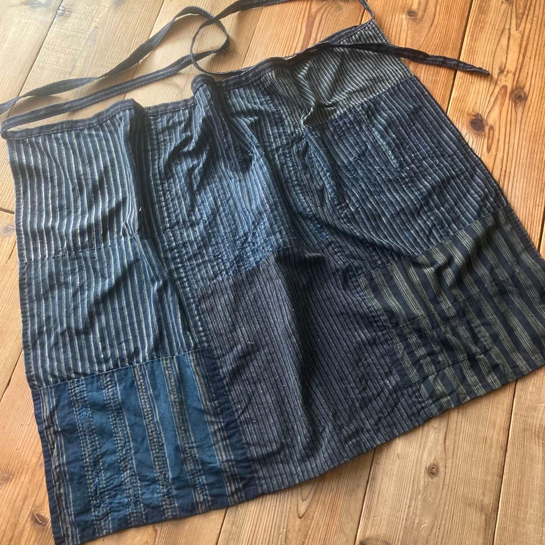 【愁真】古布 縞木綿 襤褸 BORO パッチワーク リメイクエプロン