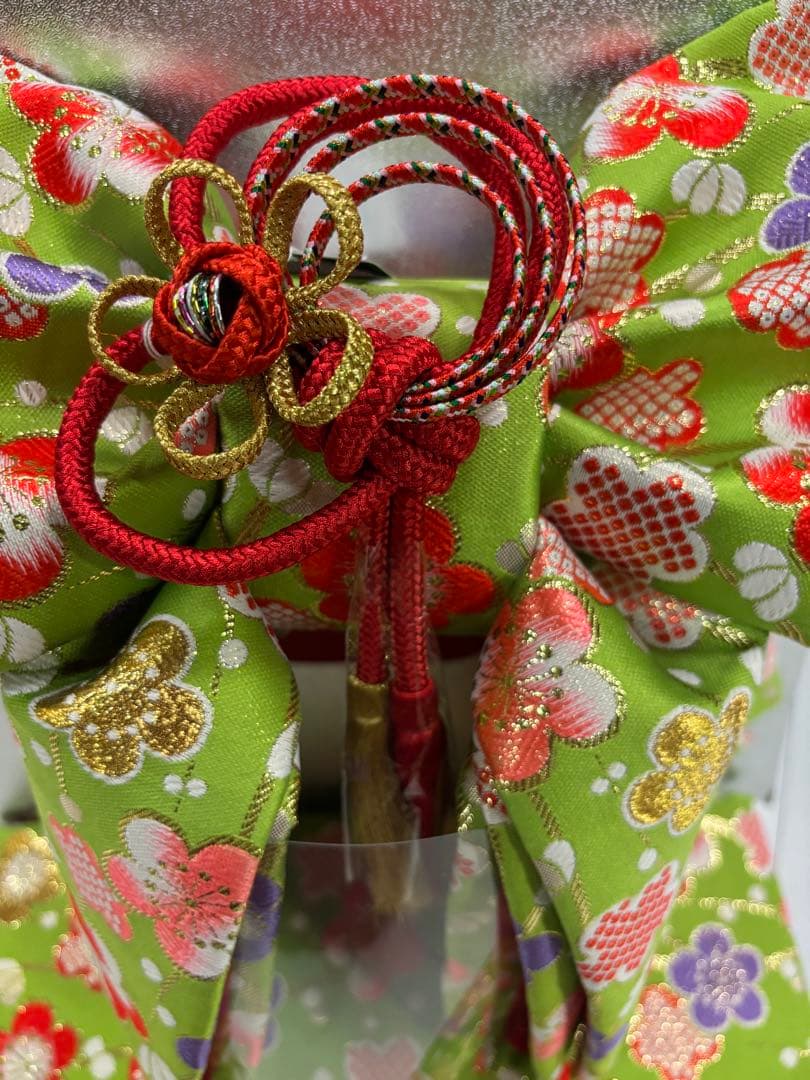 七五三　新品　結び帯セット　黄緑　梅　鹿子柄　カラフル装飾　日本製