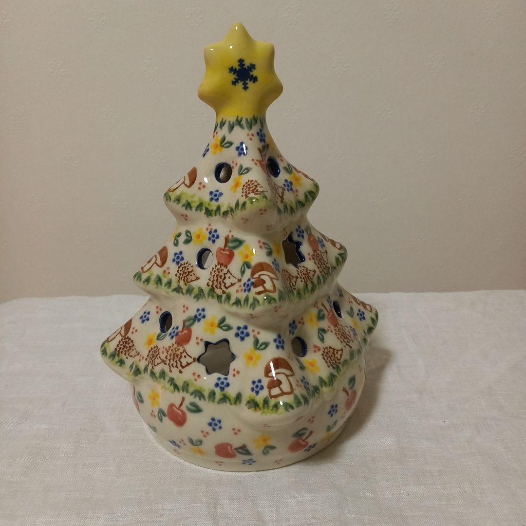 ポーリッシュポタリー　クリスマス　ツリー　キャンドルホルダー　りんごハリネズミ