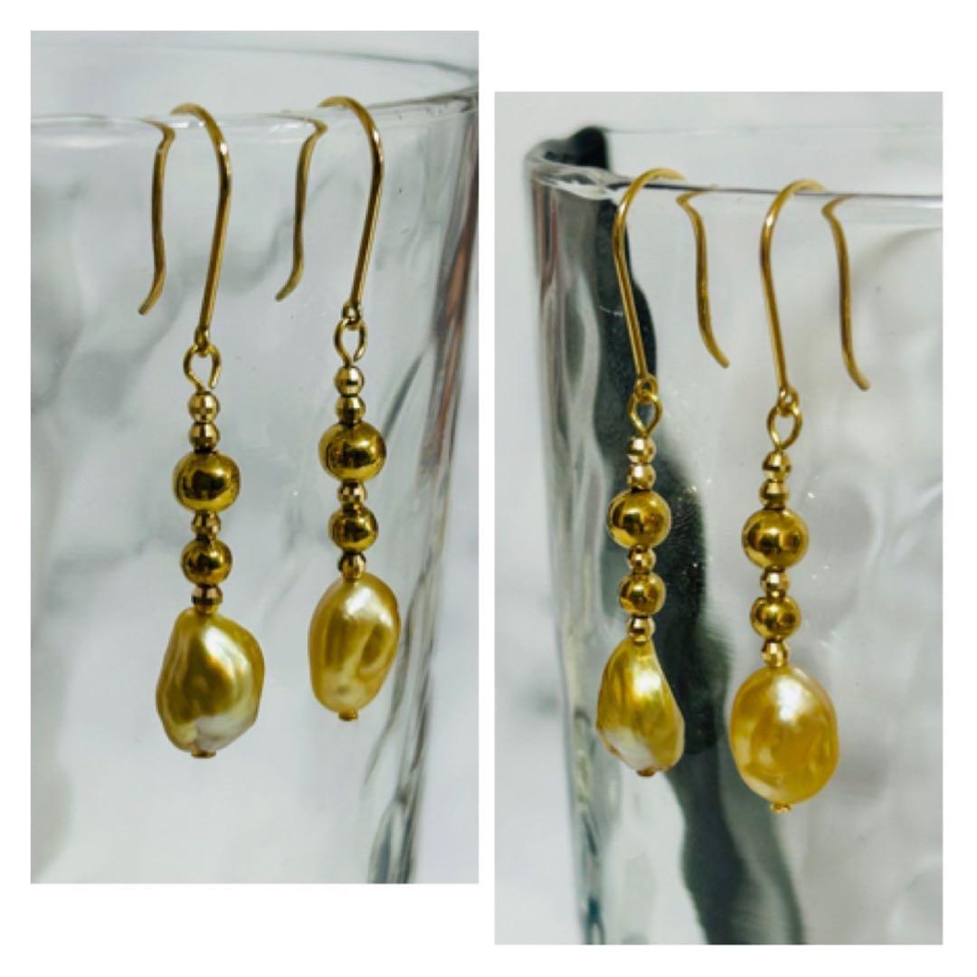 (M0207-4)K18YG南洋ゴールデンケシパールアメリカンピアス