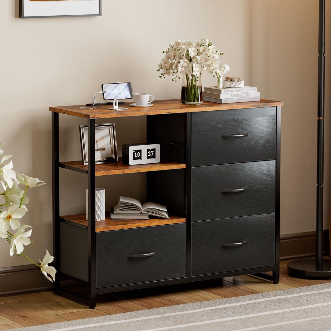 チェスト収納 タンス 棚付き リビング収納チェストUSBポート付き コンセント付