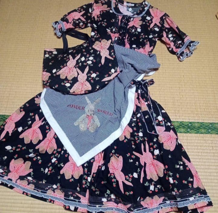 ワンダフルワールド　綿うさぎ刺繍ギンガムチェックスカーフ