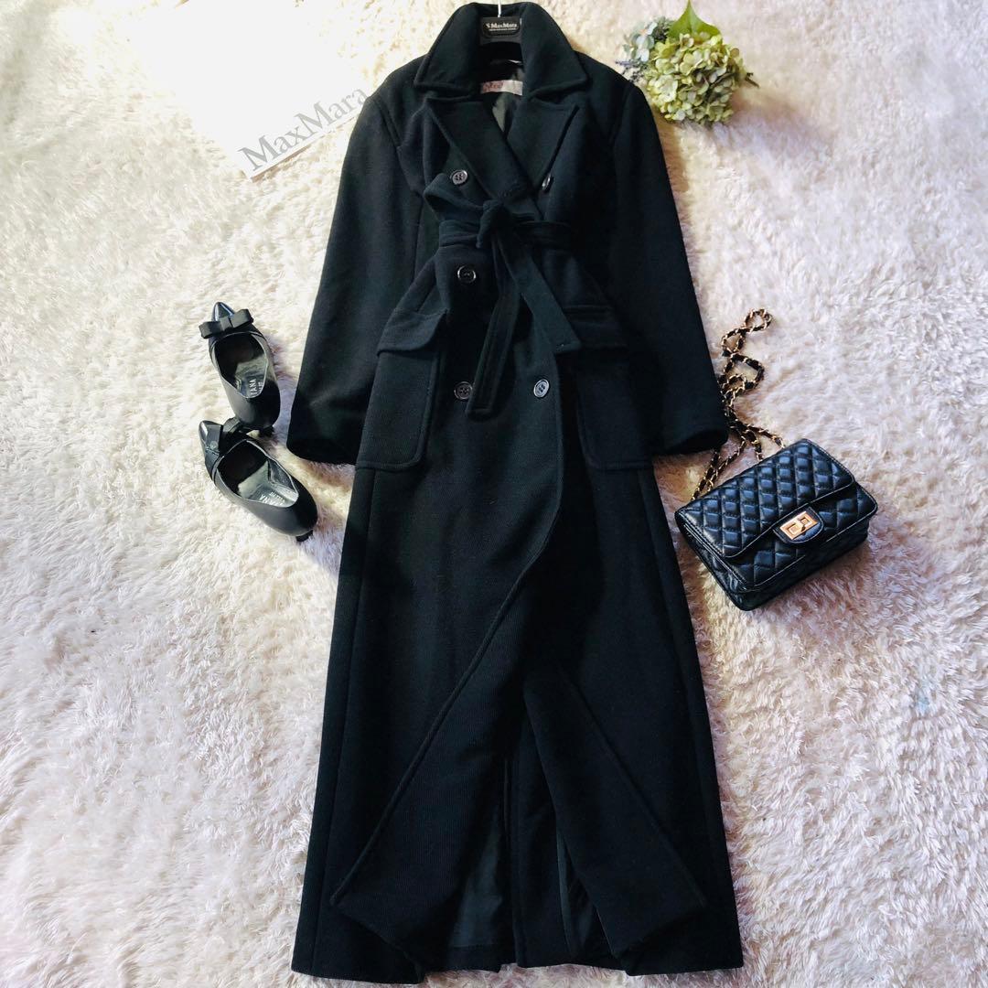 希少42✨美品 マックスマーラ ベルテッドコート 超マキシ丈 女優襟 ブラック