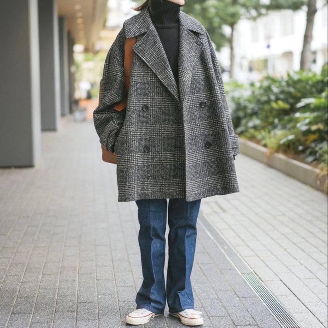 23AW✨Spick&Span Wスライバーチェックハーフコート ブラック