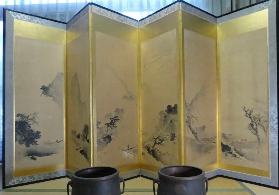 六つ折り屏風　古美術品　アンティーク＜25b18＞