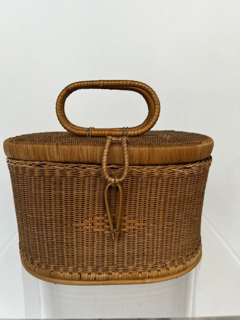 籐製円筒形バスケット 蓋付き 昭和 アンティーク