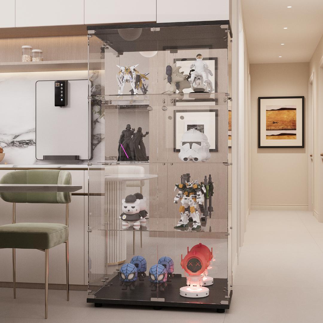 【新品】ガラスコレクションケース｜背面ミラー仕様｜4段両扉ワイド黒｜フィギュア棚