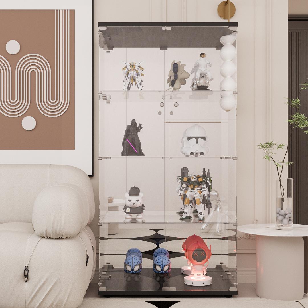 【新品】ガラスコレクションケース｜背面ミラー仕様｜4段両扉ワイド黒｜フィギュア棚