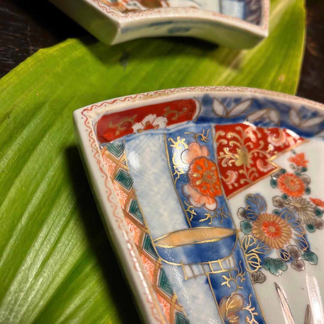 A831 古伊万里　極上　染錦手　菊に蝶　女郎花に蜂紋様　扇面皿　6枚揃え