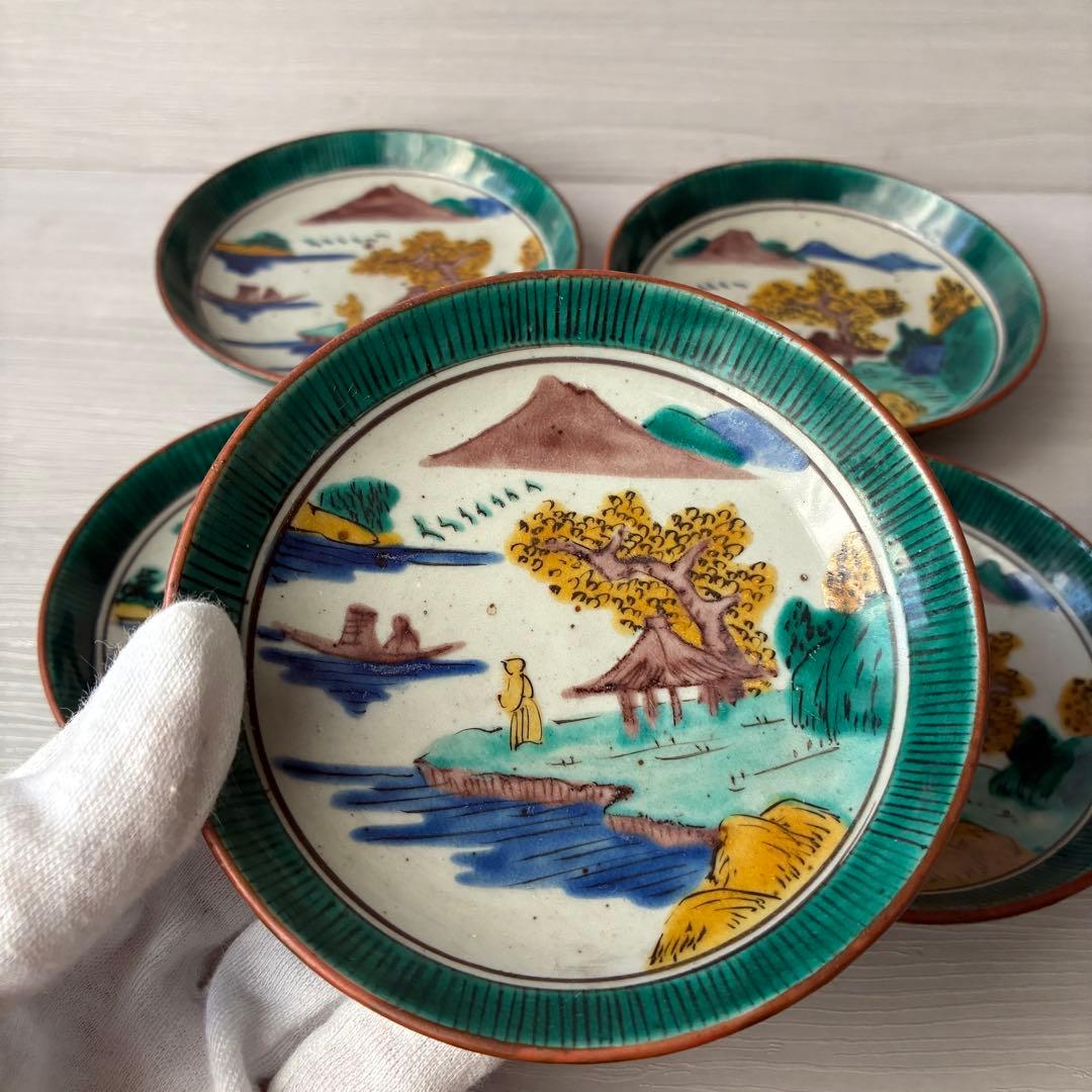 【1枚訳あり】九谷焼　吉田屋窯　小皿　角福　山水　青手　年代物　共箱　和食器