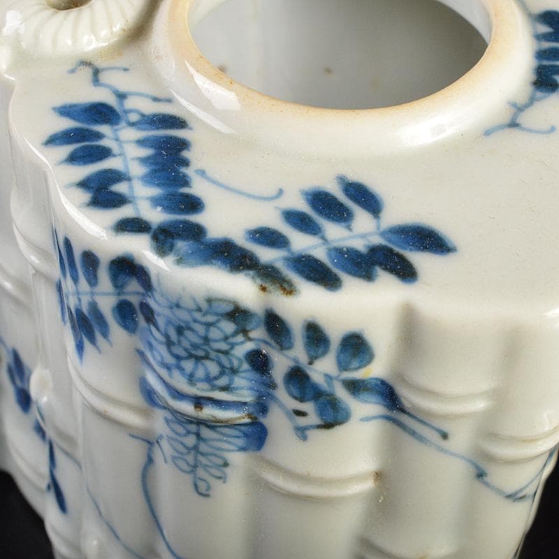 瀬戸焼　古瀬戸　書道具　染付　花鶴文　瓢箪形　筆洗　水盂　F　R7455