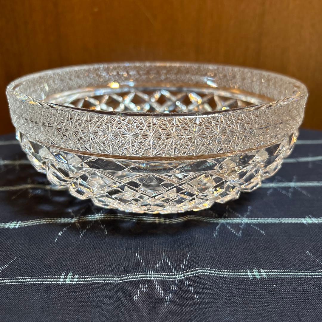 美品未使用HOYA 矢来菊繋ぎ切子 中型ボウル/サラダボウル　クリスタルガラス