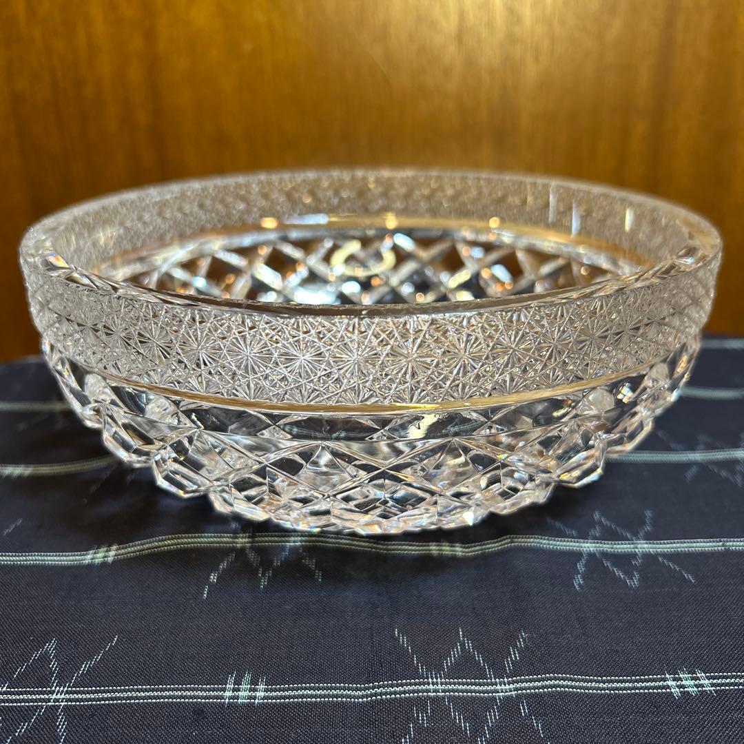 美品未使用HOYA 矢来菊繋ぎ切子 中型ボウル/サラダボウル　クリスタルガラス