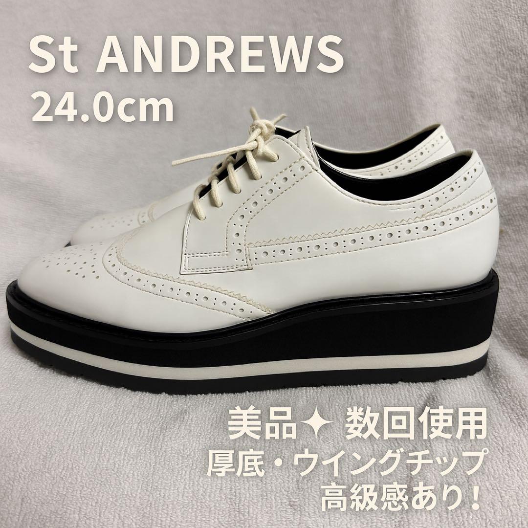 【新品未使用】St.ANDREWSゴルフシューズ 白 エナメル厚底ウィングチップ