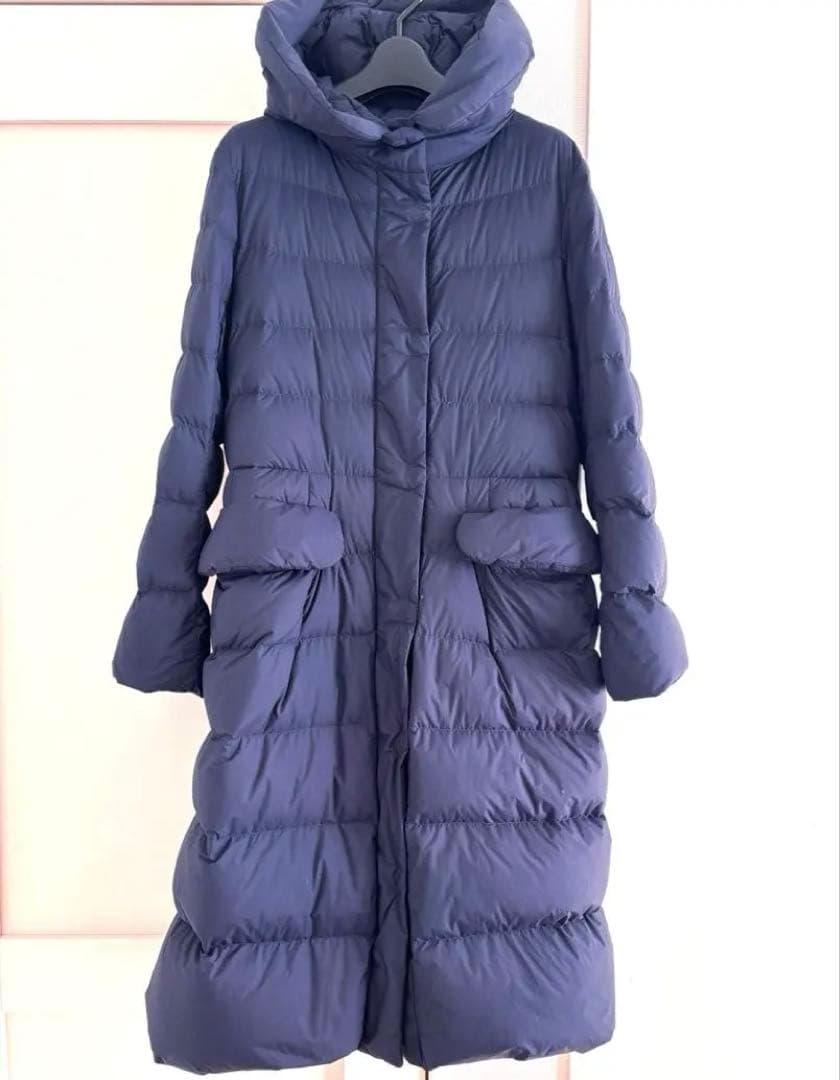 【美品】★ ユニクロ +J ダウンコート ロング丈 M ネイビー/収納袋付き