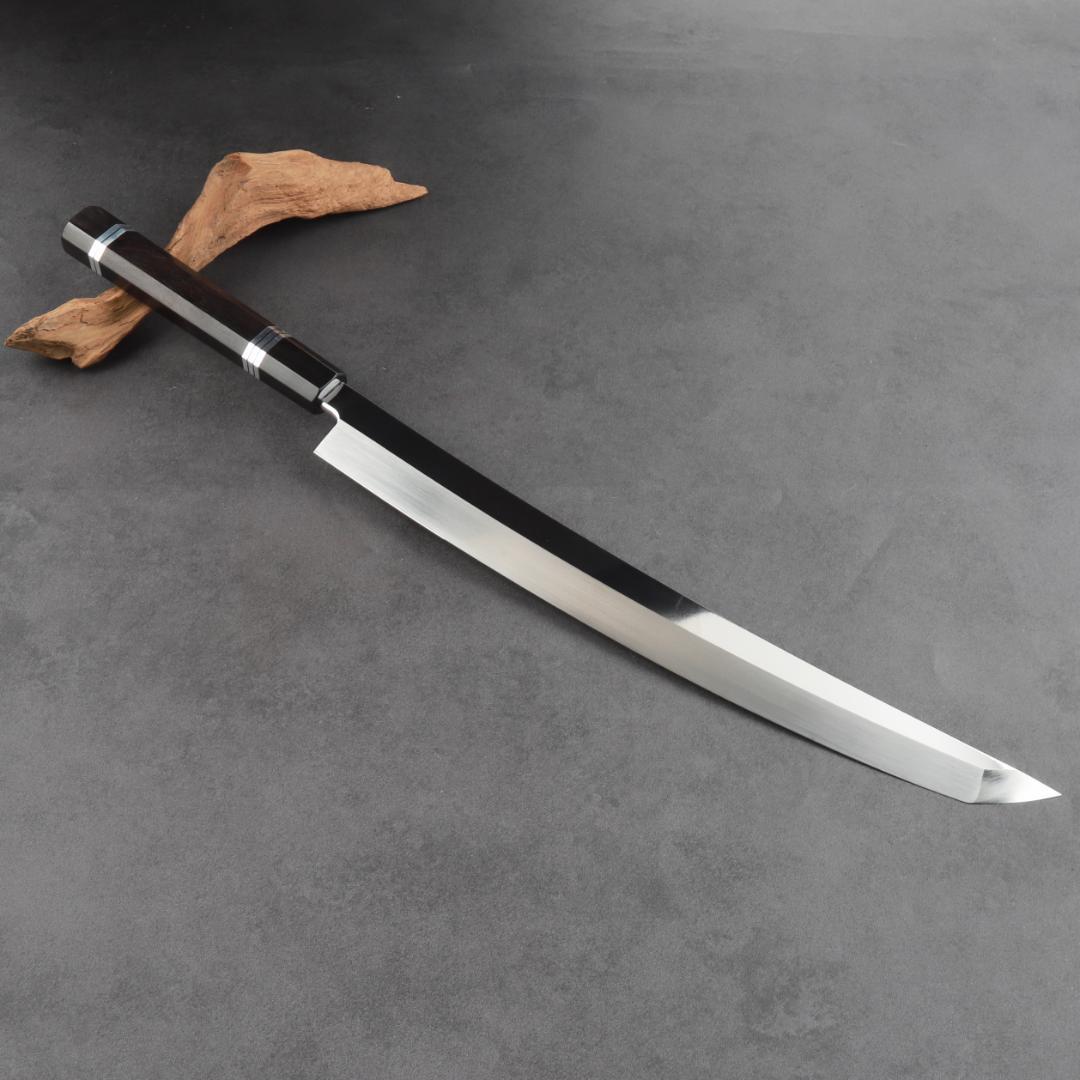 11070鬼反り先丸包丁尺二鏡面仕上げ刺身包丁刃は究極の切れ味黒檀五本銀巻八角柄