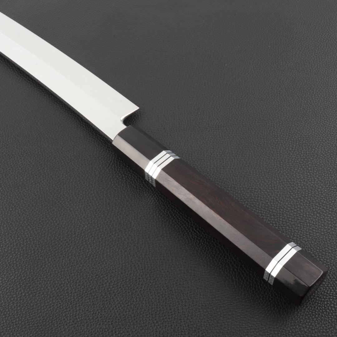 11070鬼反り先丸包丁尺二鏡面仕上げ刺身包丁刃は究極の切れ味黒檀五本銀巻八角柄