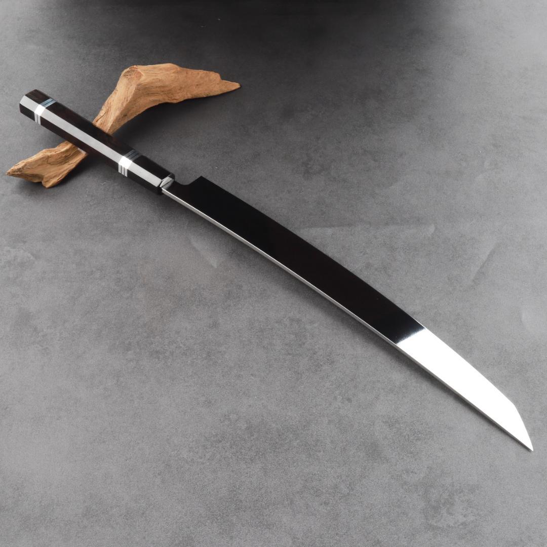 11070鬼反り先丸包丁尺二鏡面仕上げ刺身包丁刃は究極の切れ味黒檀五本銀巻八角柄